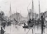 Albert Goodwin Famous Paintings - Moored Boats In Rotterdam